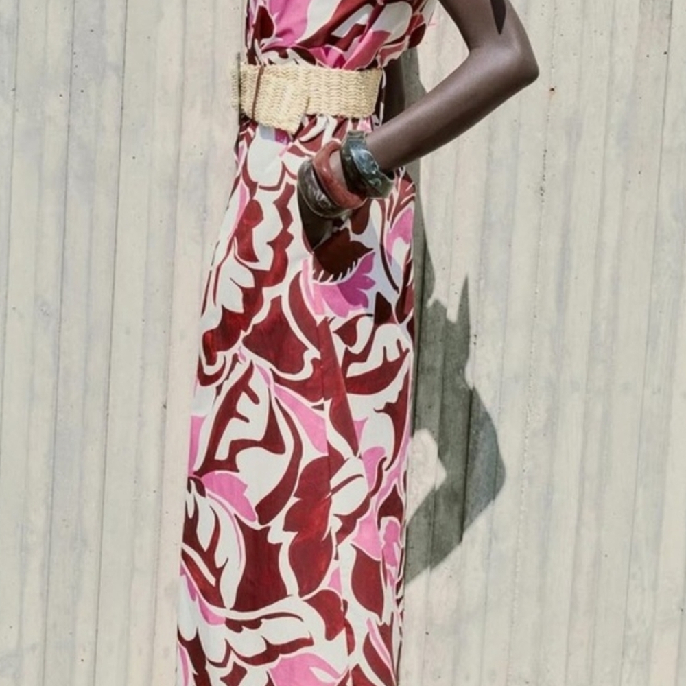 Zara Burgundy and Pink Patterned Midi Dress - Picture 5 of 5